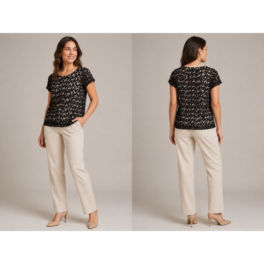 Pim + Larkin Black Crochet Lace Top Medium Boho‎ Sheer Short Sleeve Sz Medium